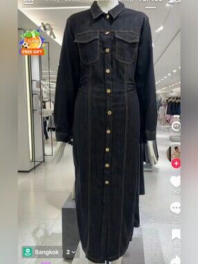 New Zara Sz S DENIM MIDI DRESS BLACK Long Sleeve